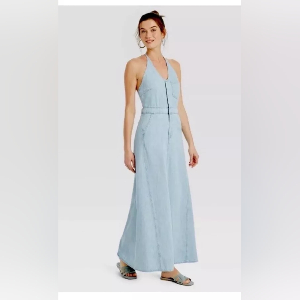 Universal Thread Women's Halter Vest Light Wash Denim Maxi Dress Size 10